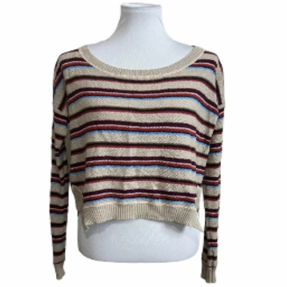 FP Beach Free People Road Trip Knitted Wool Striped Long Sleeve Crop Sweater